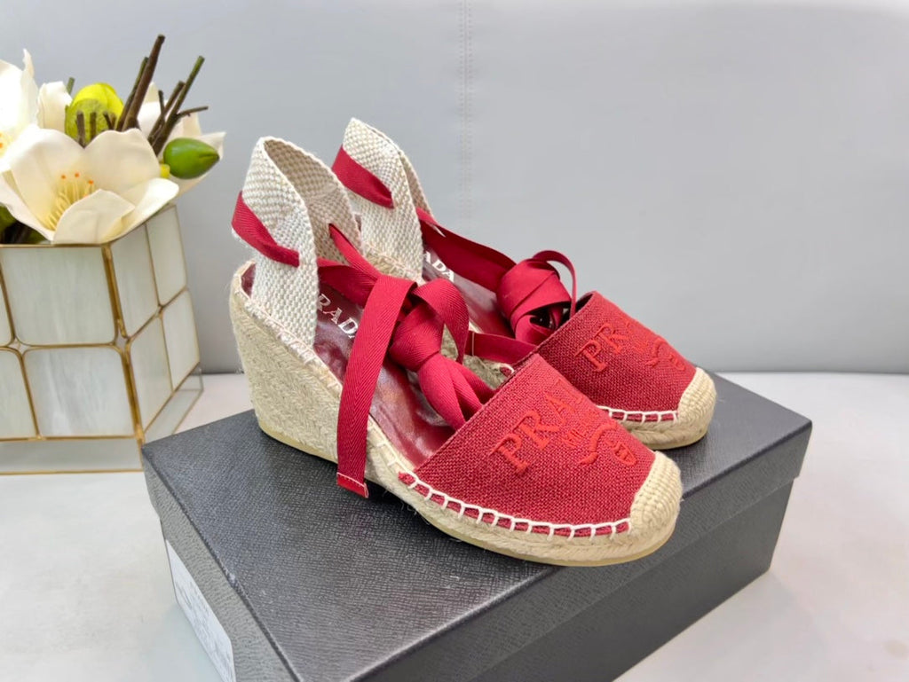 PRADA 26S ESPADRILLE HIGH HEEL SANDALS IN RED CANVAS