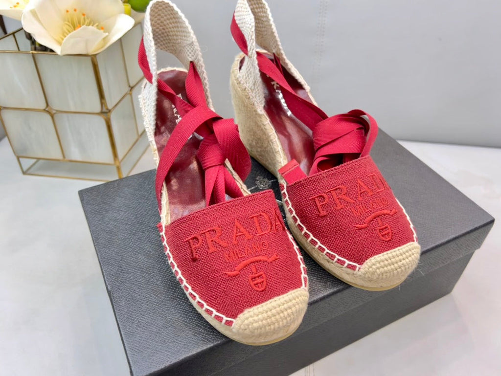 PRADA 26S ESPADRILLE HIGH HEEL SANDALS IN RED CANVAS
