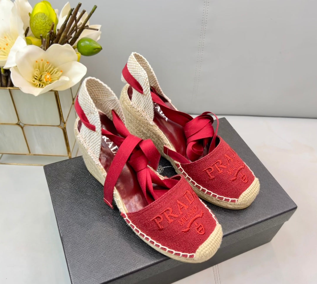 PRADA 26S ESPADRILLE HIGH HEEL SANDALS IN RED CANVAS