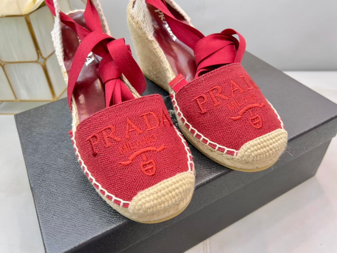 PRADA 26S ESPADRILLE HIGH HEEL SANDALS IN RED CANVAS