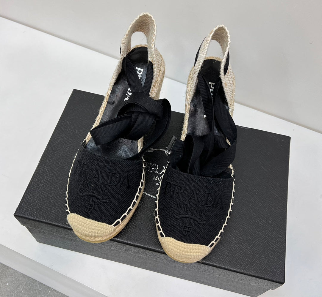 PRADA 26S ESPADRILLE HIGH HEEL SANDALS IN BLACK CANVAS
