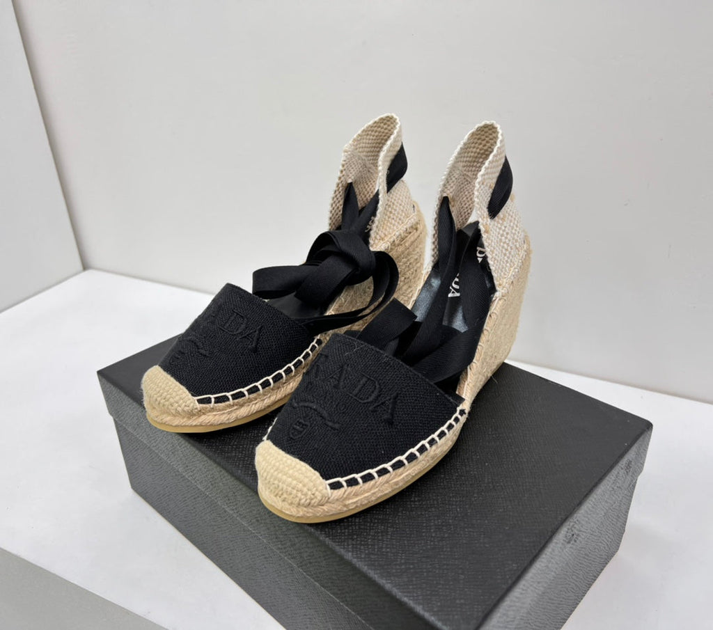 PRADA 26S ESPADRILLE HIGH HEEL SANDALS IN BLACK CANVAS