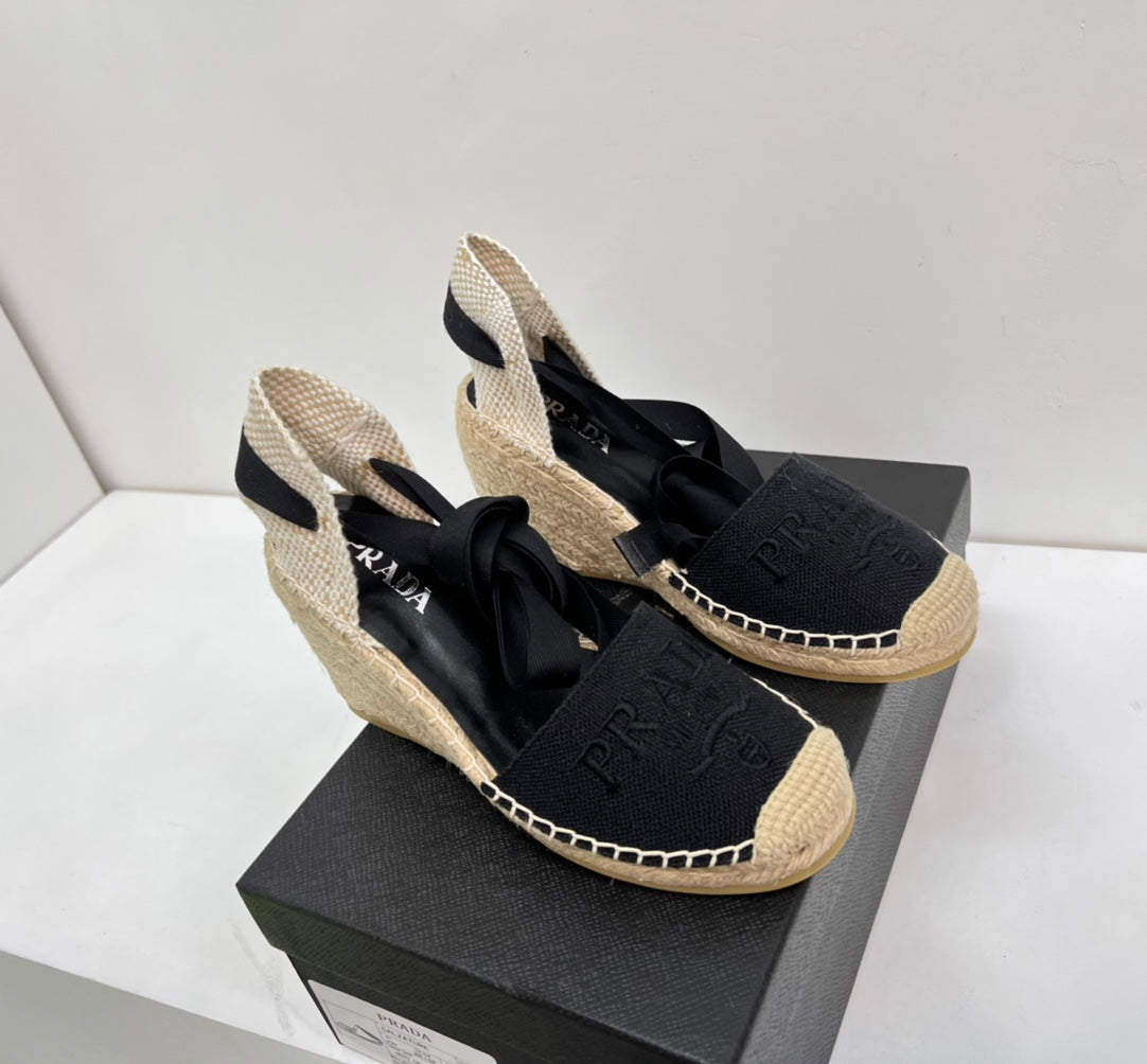 PRADA 26S ESPADRILLE HIGH HEEL SANDALS IN BLACK CANVAS