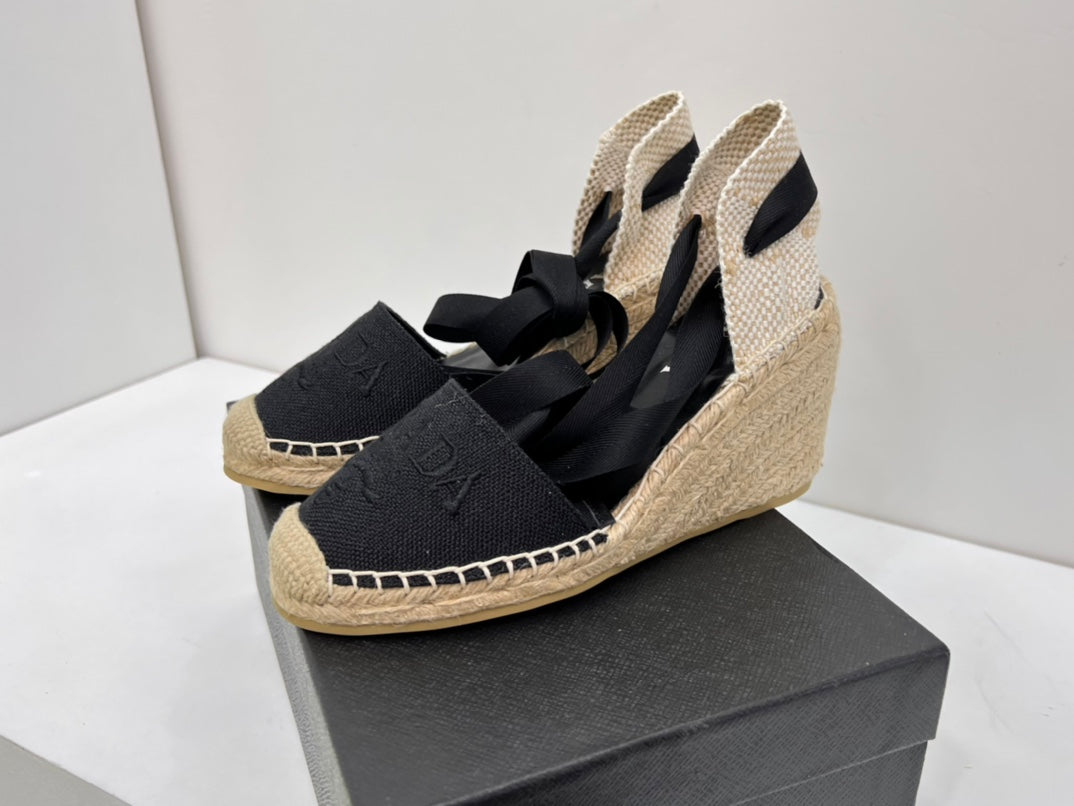 PRADA 26S ESPADRILLE HIGH HEEL SANDALS IN BLACK CANVAS