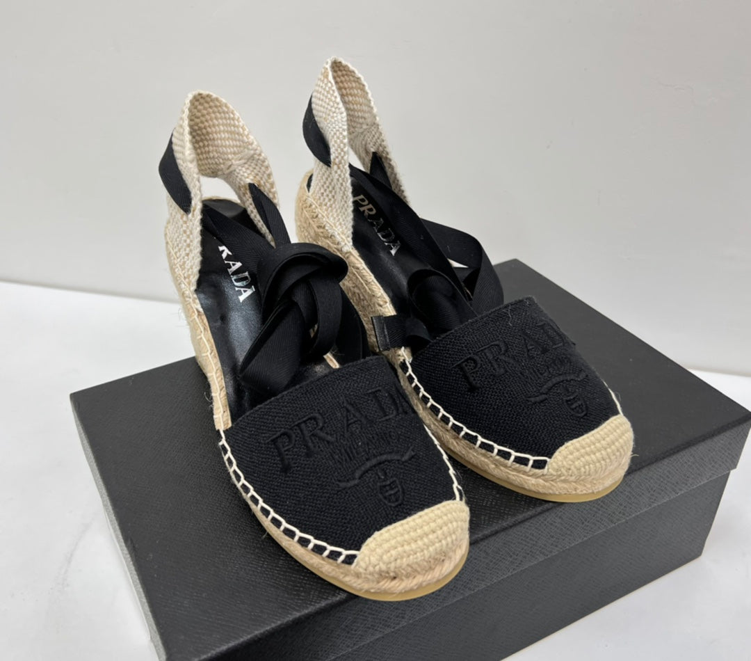 PRADA 26S ESPADRILLE HIGH HEEL SANDALS IN BLACK CANVAS