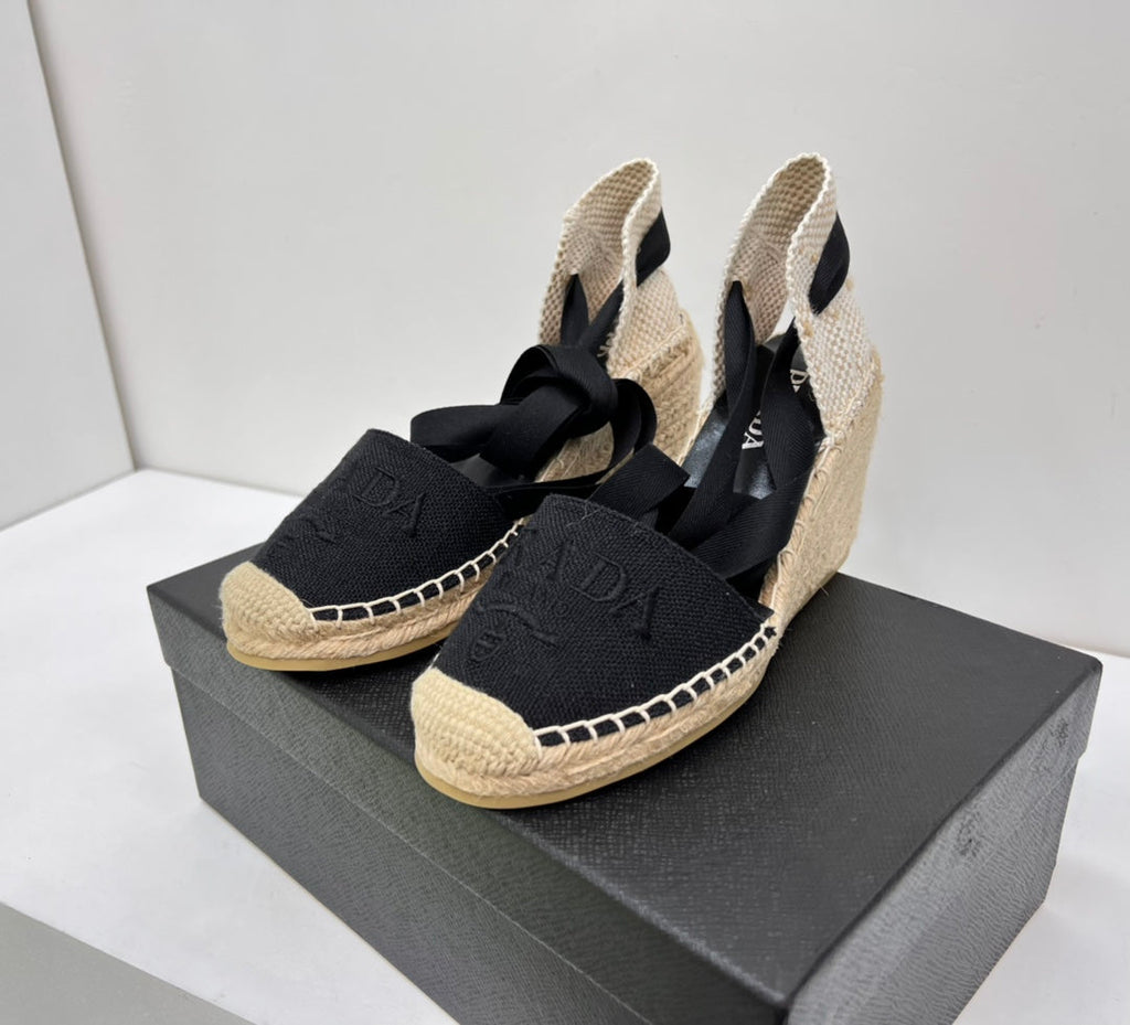 PRADA 26S ESPADRILLE HIGH HEEL SANDALS IN BLACK CANVAS