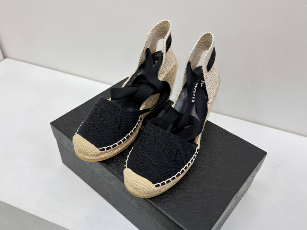 PRADA 26S ESPADRILLE HIGH HEEL SANDALS IN BLACK CANVAS