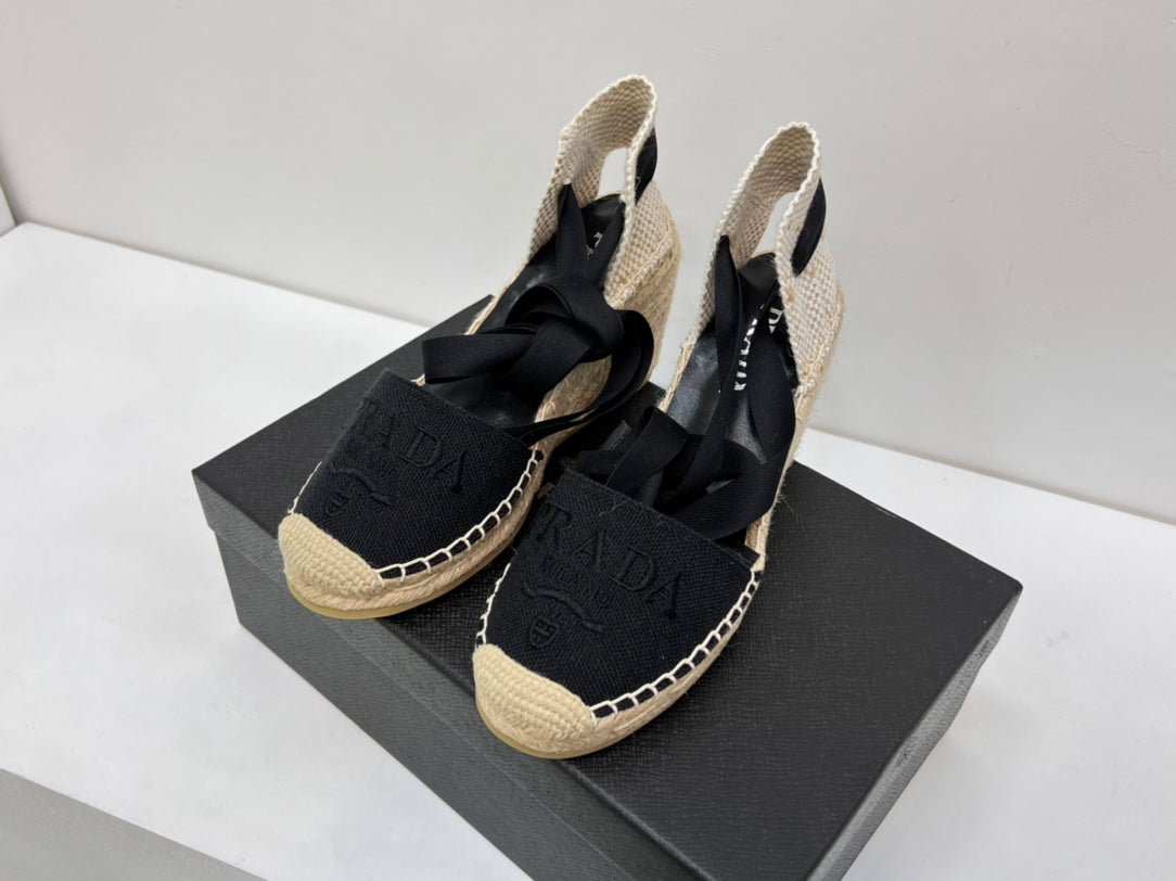 PRADA 26S ESPADRILLE HIGH HEEL SANDALS IN BLACK CANVAS