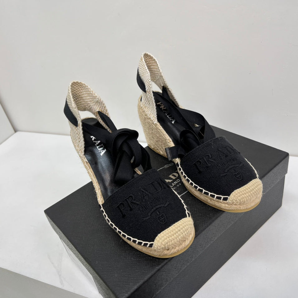 PRADA 26S ESPADRILLE HIGH HEEL SANDALS IN BLACK CANVAS