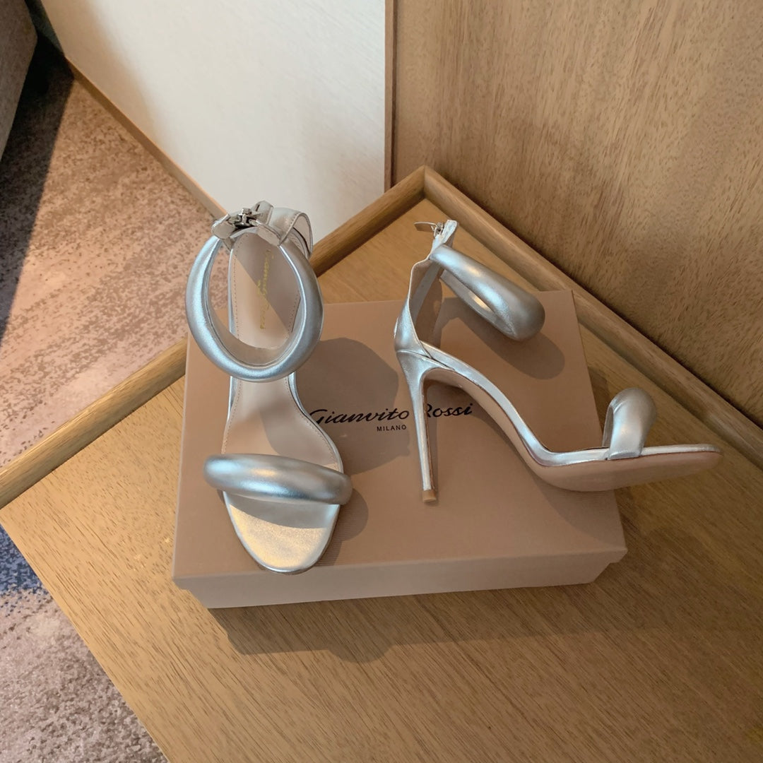 GIANVITO ROSSI 26S BIJOUX SANDALS 105 MM IN SILVER LAMBSKIN