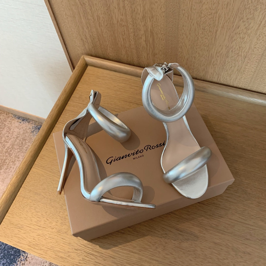 GIANVITO ROSSI 26S BIJOUX SANDALS 105 MM IN SILVER LAMBSKIN