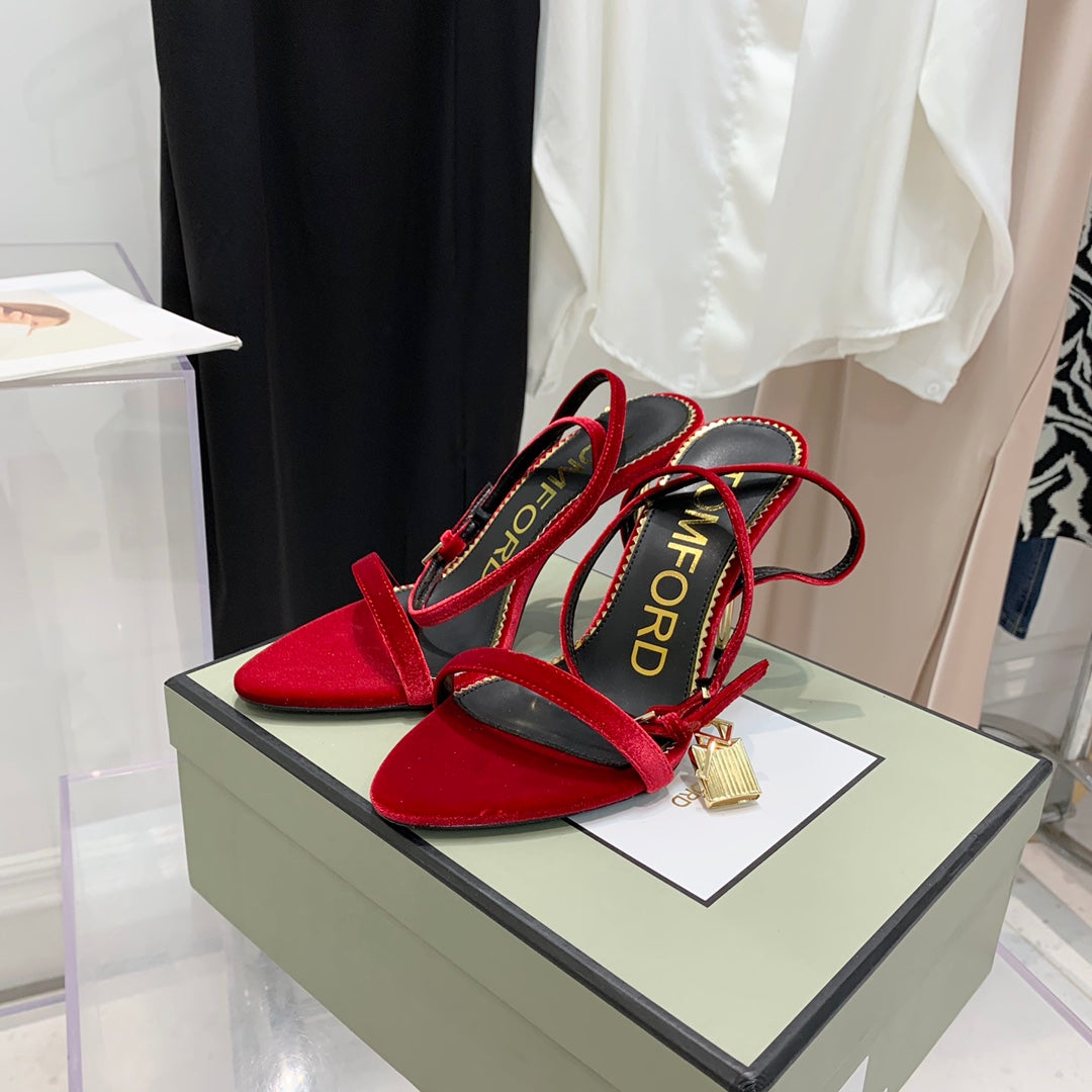 PADLOCK HIGH HEEL 10 CM SANDAL IN RUBY RED VELVET