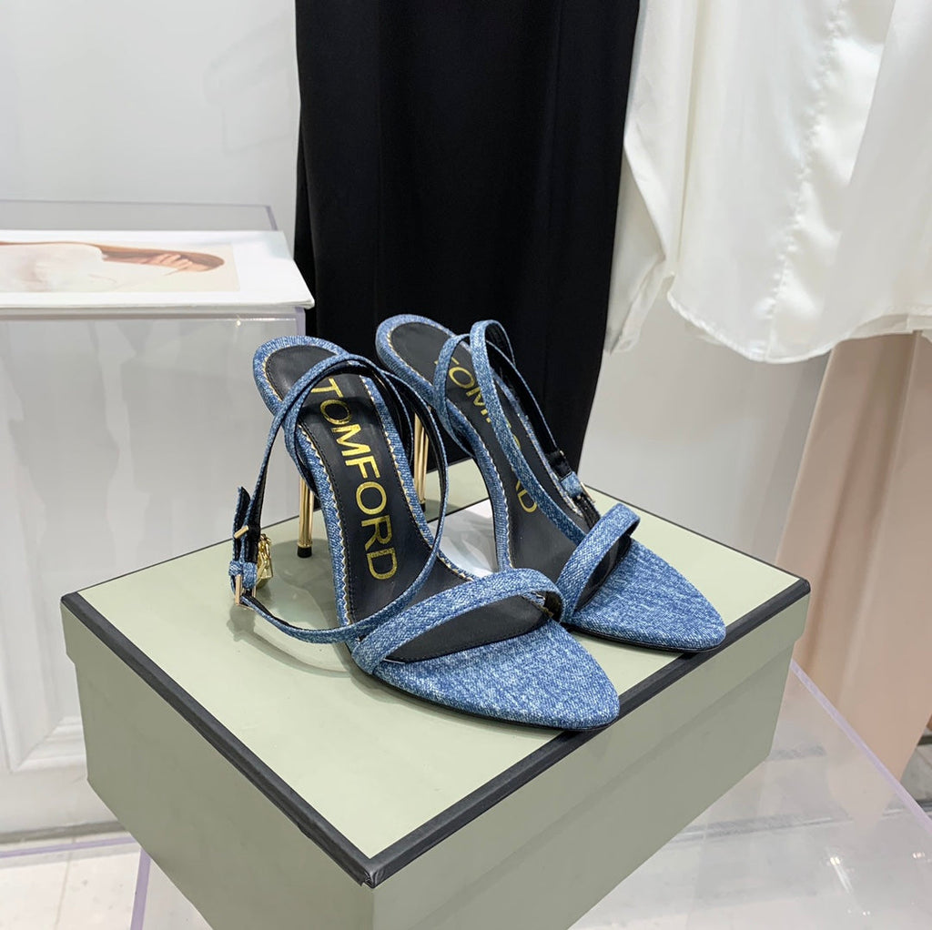 PADLOCK HIGH HEEL 10 CM SANDAL IN LIGHT BLUE DENIM