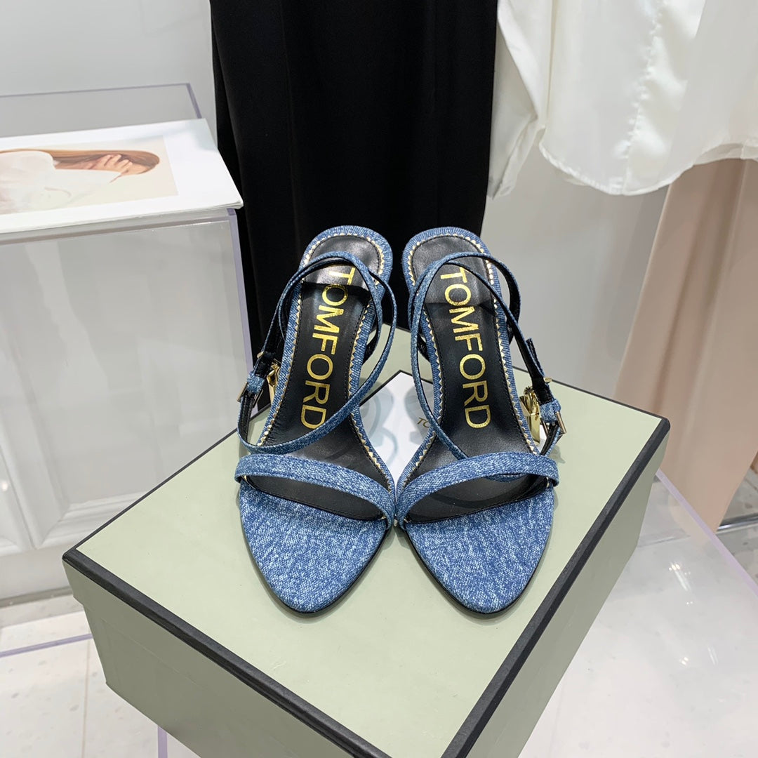TOM FORD 26S GOLD BUCKLE HEELS 105 MM IN BLUE DENIM