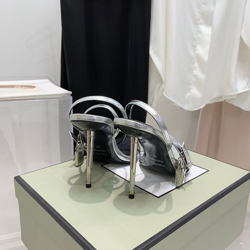 TOM FORD 26S GOLD BUCKLE HEELS 105 MM IN SILVER LAMBSKIN