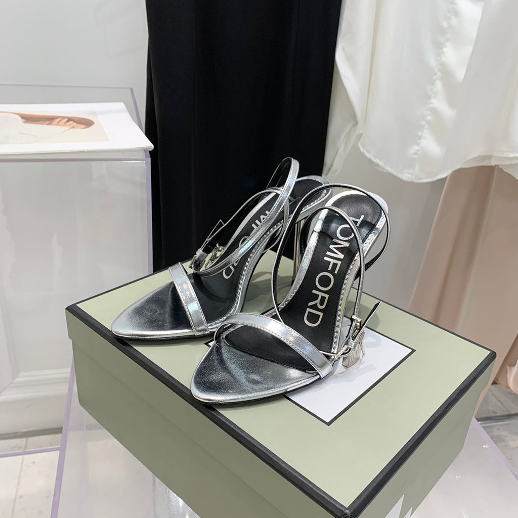 TOM FORD 26S GOLD BUCKLE HEELS 105 MM IN SILVER LAMBSKIN