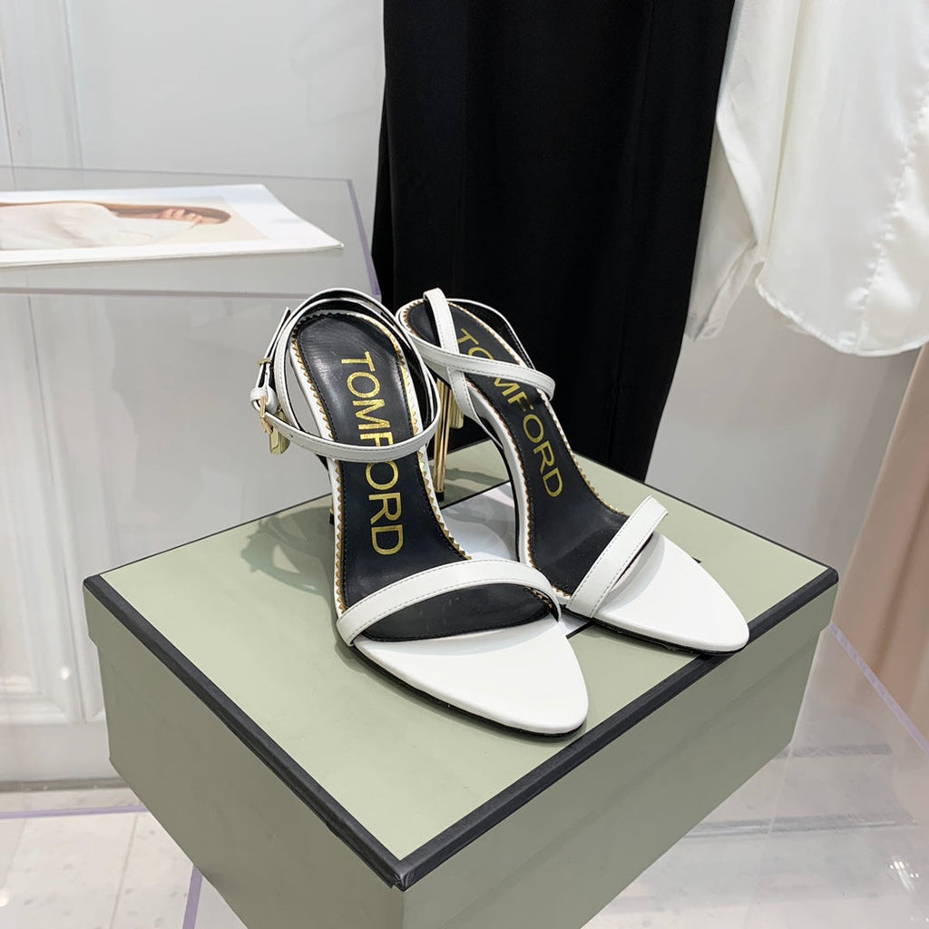 TOM FORD 26S GOLD BUCKLE HEELS 105 MM IN WHITE LAMBSKIN