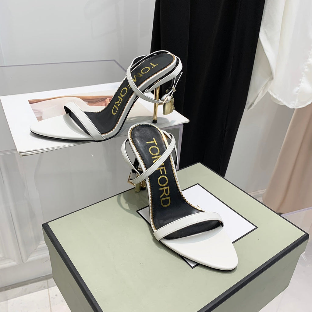 PADLOCK HIGH HEEL 10 CM SANDAL IN WHITE SHEEPSKIN
