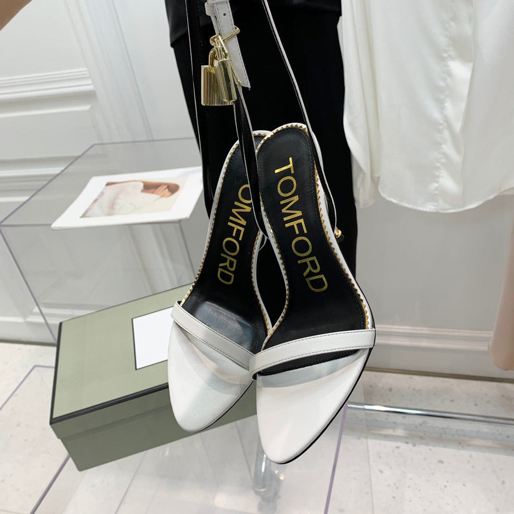 PADLOCK HIGH HEEL 10 CM SANDAL IN WHITE SHEEPSKIN