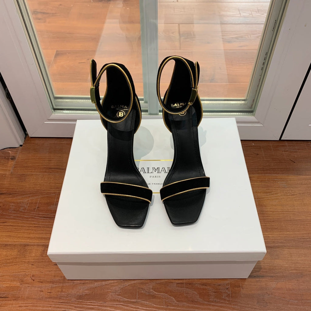 BALMAIN 25S UMA HEELED SANDALS 105MM IN BLACK SUEDE GOLD HARDWARE