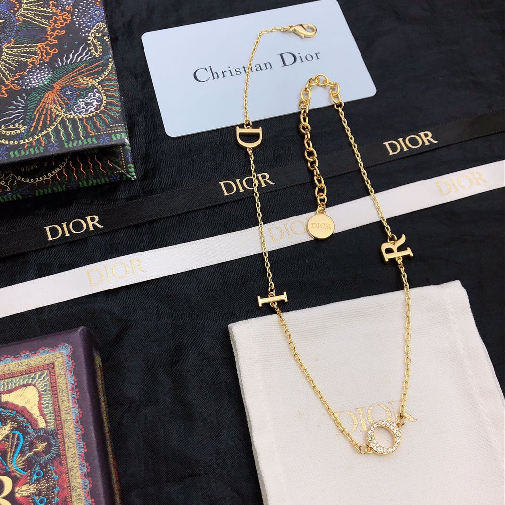 CD 26S DIOR LOGO CHAIN LAYERED NECKLACE IN GOLD TONE METAL WITH CRYSTAL 631007