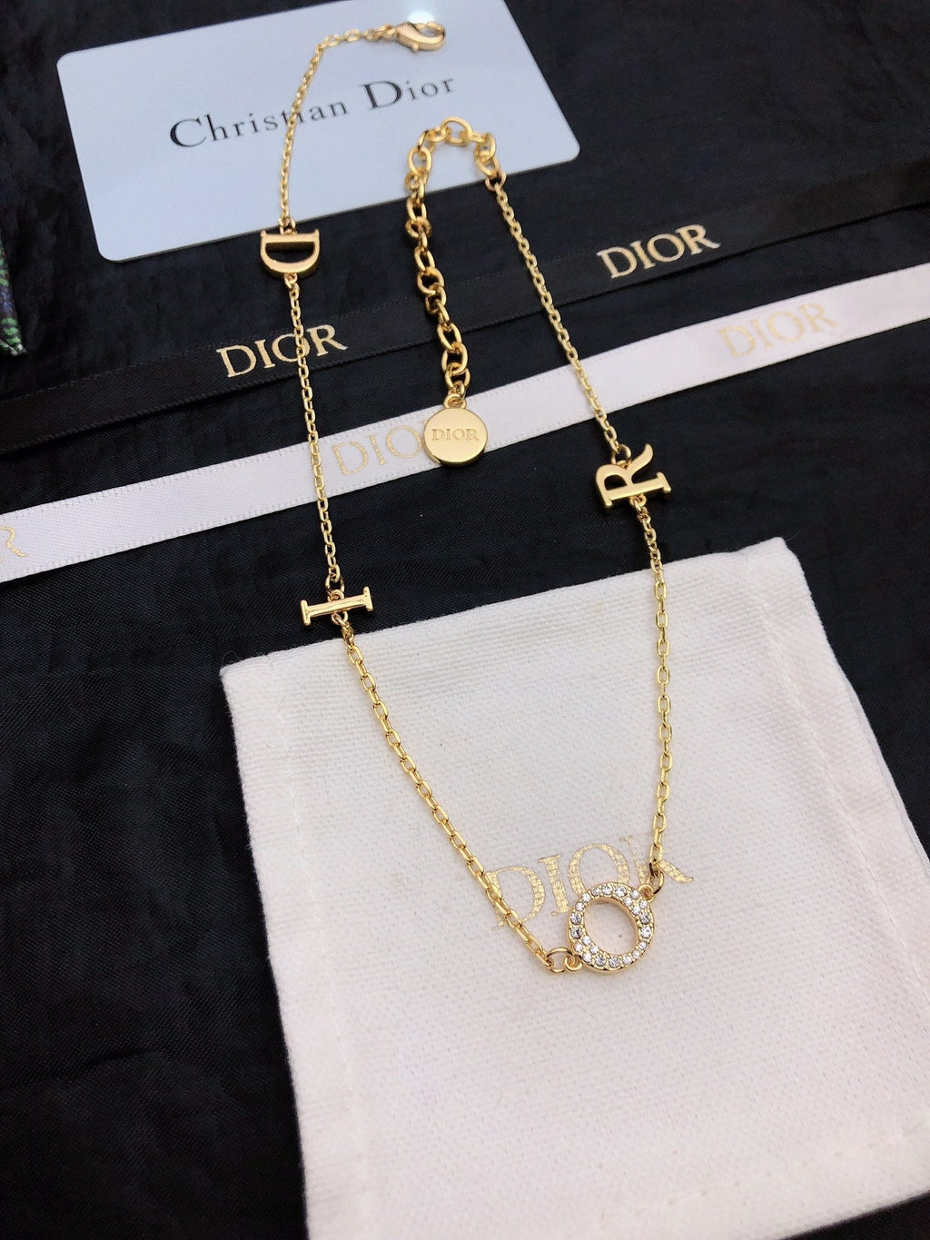 CD 26S DIOR LOGO CHAIN LAYERED NECKLACE IN GOLD TONE METAL WITH CRYSTAL 631007
