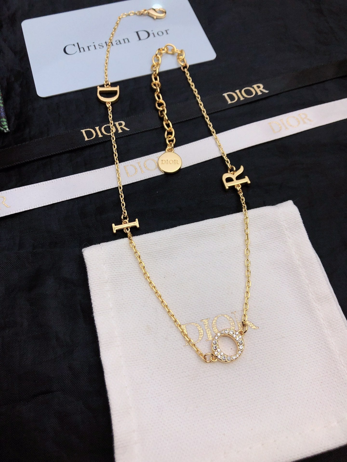 CD 26S DIOR LOGO CHAIN LAYERED NECKLACE IN GOLD TONE METAL WITH CRYSTAL 631007