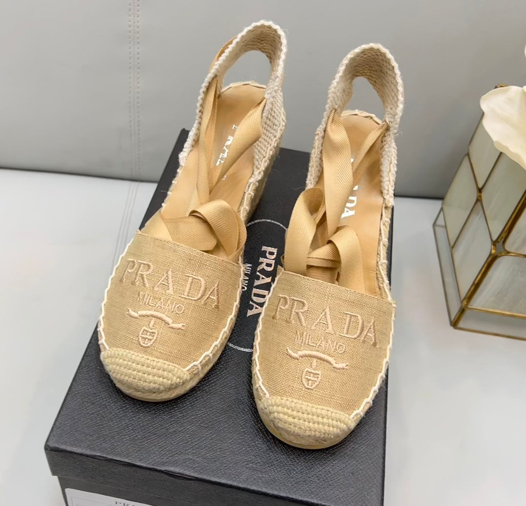 PRADA 26S ESPADRILLE HIGH HEEL SANDALS IN BEIGE CANVAS
