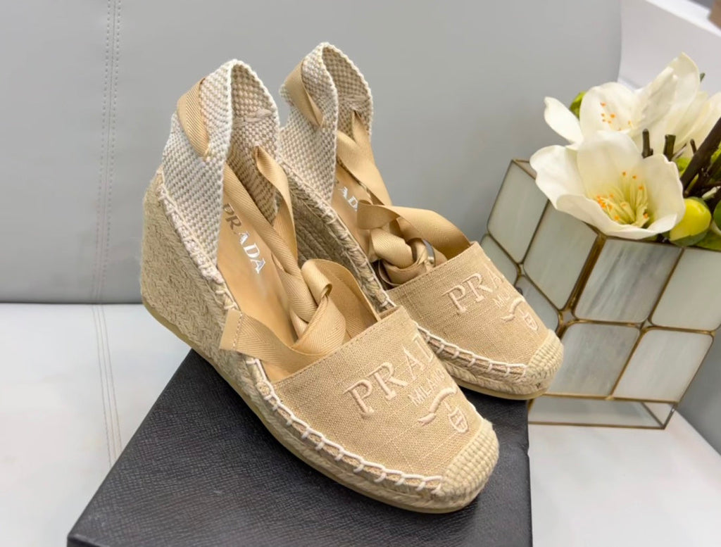 PRADA 26S ESPADRILLE HIGH HEEL SANDALS IN BEIGE CANVAS