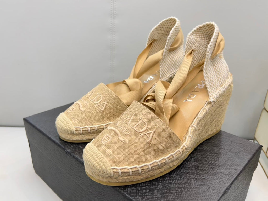 PRADA 26S ESPADRILLE HIGH HEEL SANDALS IN BEIGE CANVAS