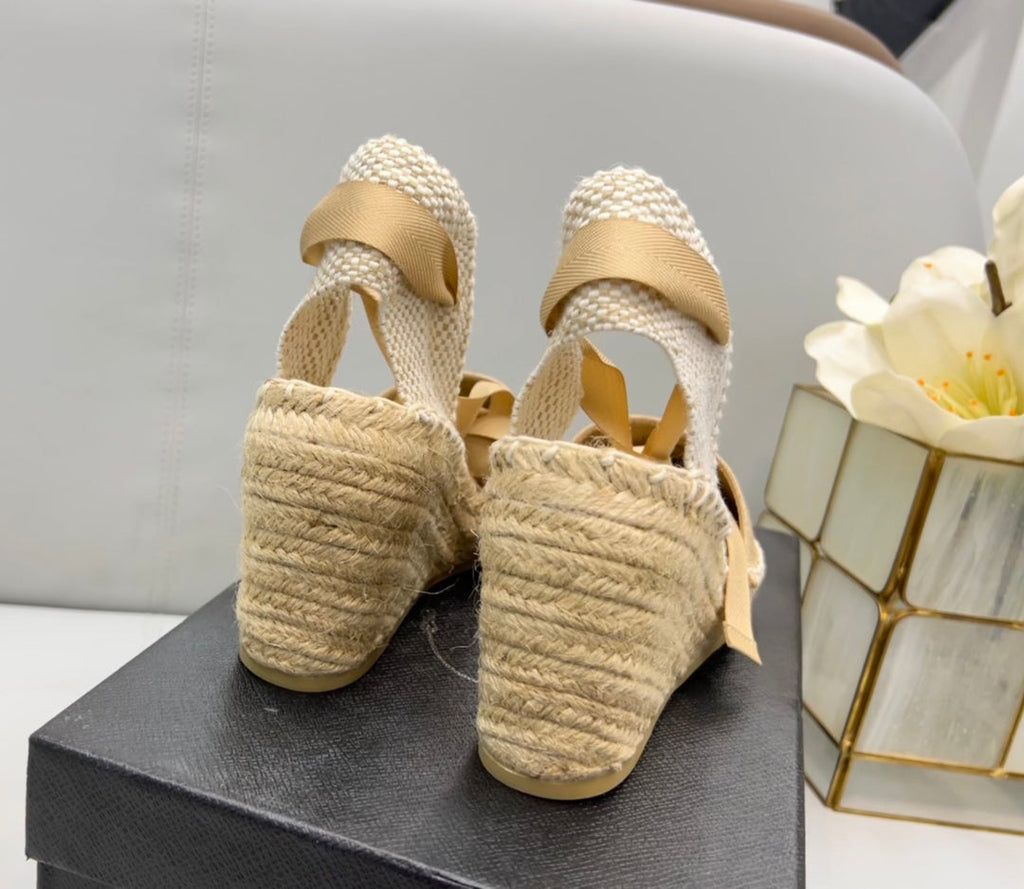 PRADA 26S ESPADRILLE HIGH HEEL SANDALS IN BEIGE CANVAS