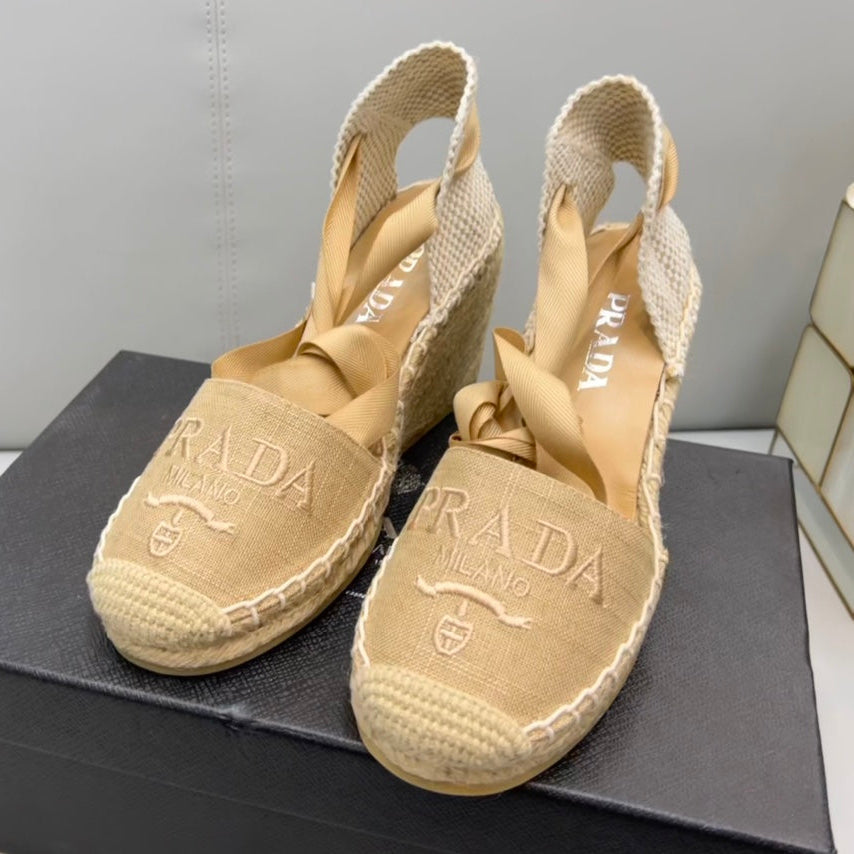 PRADA 26S ESPADRILLE HIGH HEEL SANDALS IN BEIGE CANVAS
