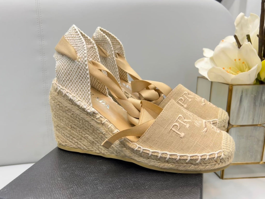PRADA 26S ESPADRILLE HIGH HEEL SANDALS IN BEIGE CANVAS