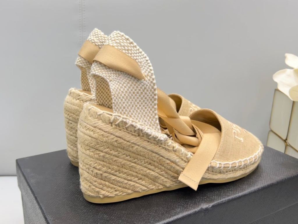 PRADA 26S ESPADRILLE HIGH HEEL SANDALS IN BEIGE CANVAS