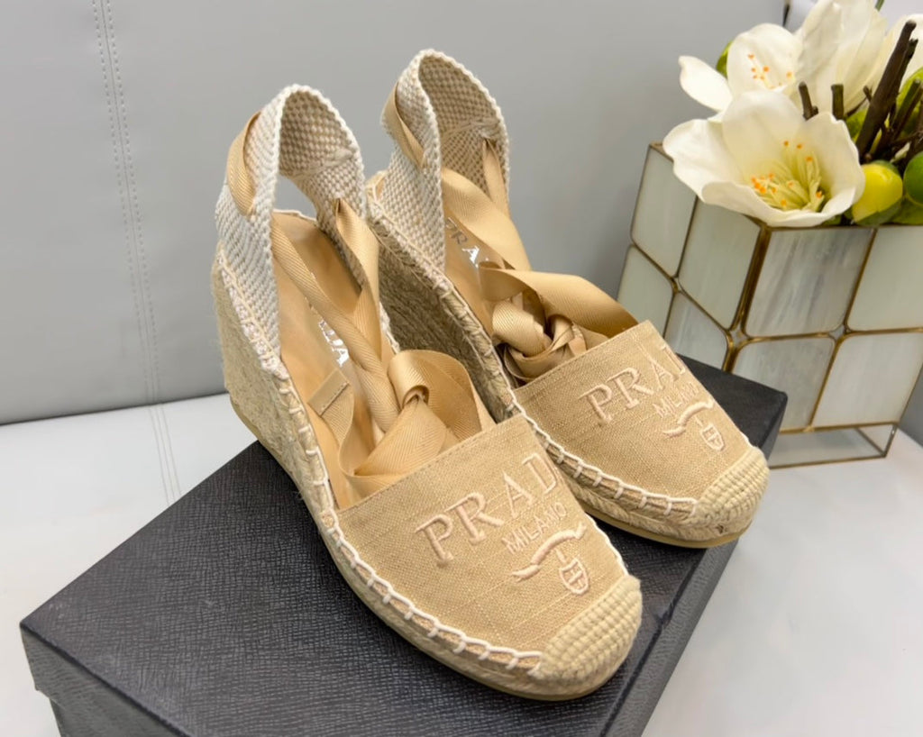 PRADA 26S ESPADRILLE HIGH HEEL SANDALS IN BEIGE CANVAS