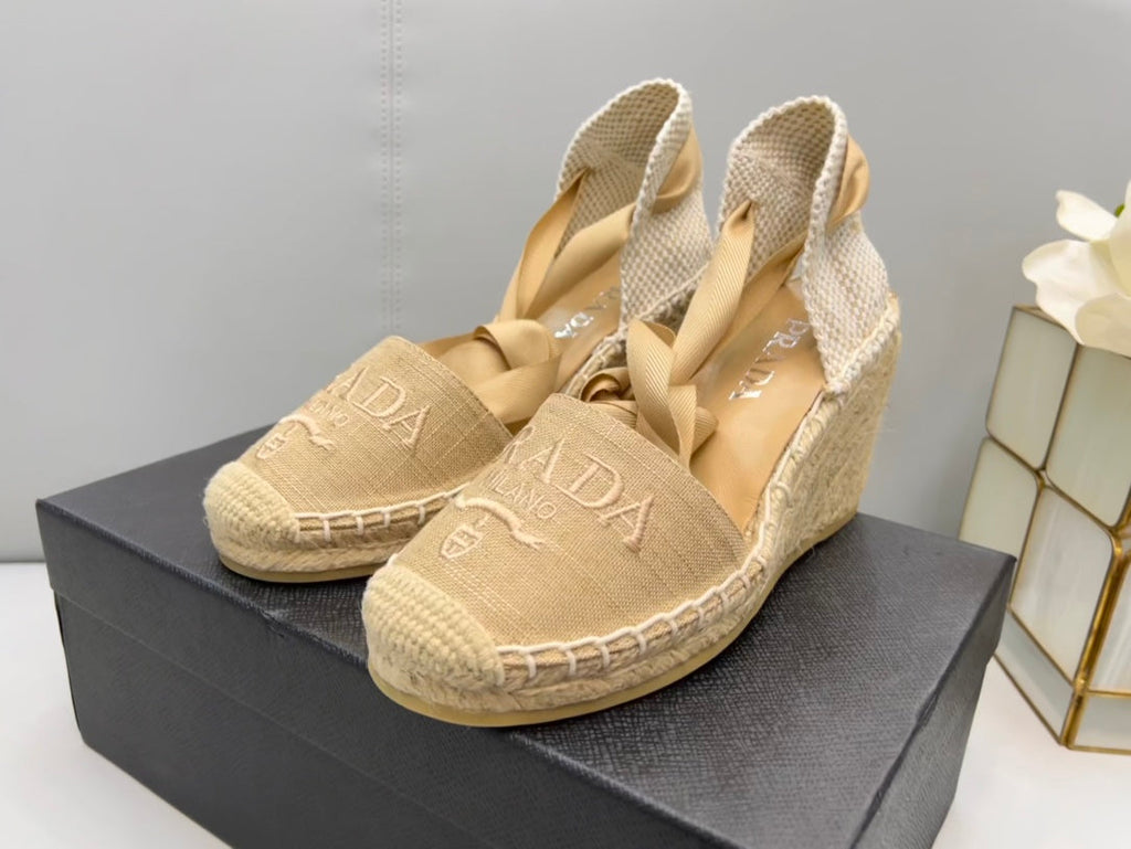 PRADA 26S ESPADRILLE HIGH HEEL SANDALS IN BEIGE CANVAS