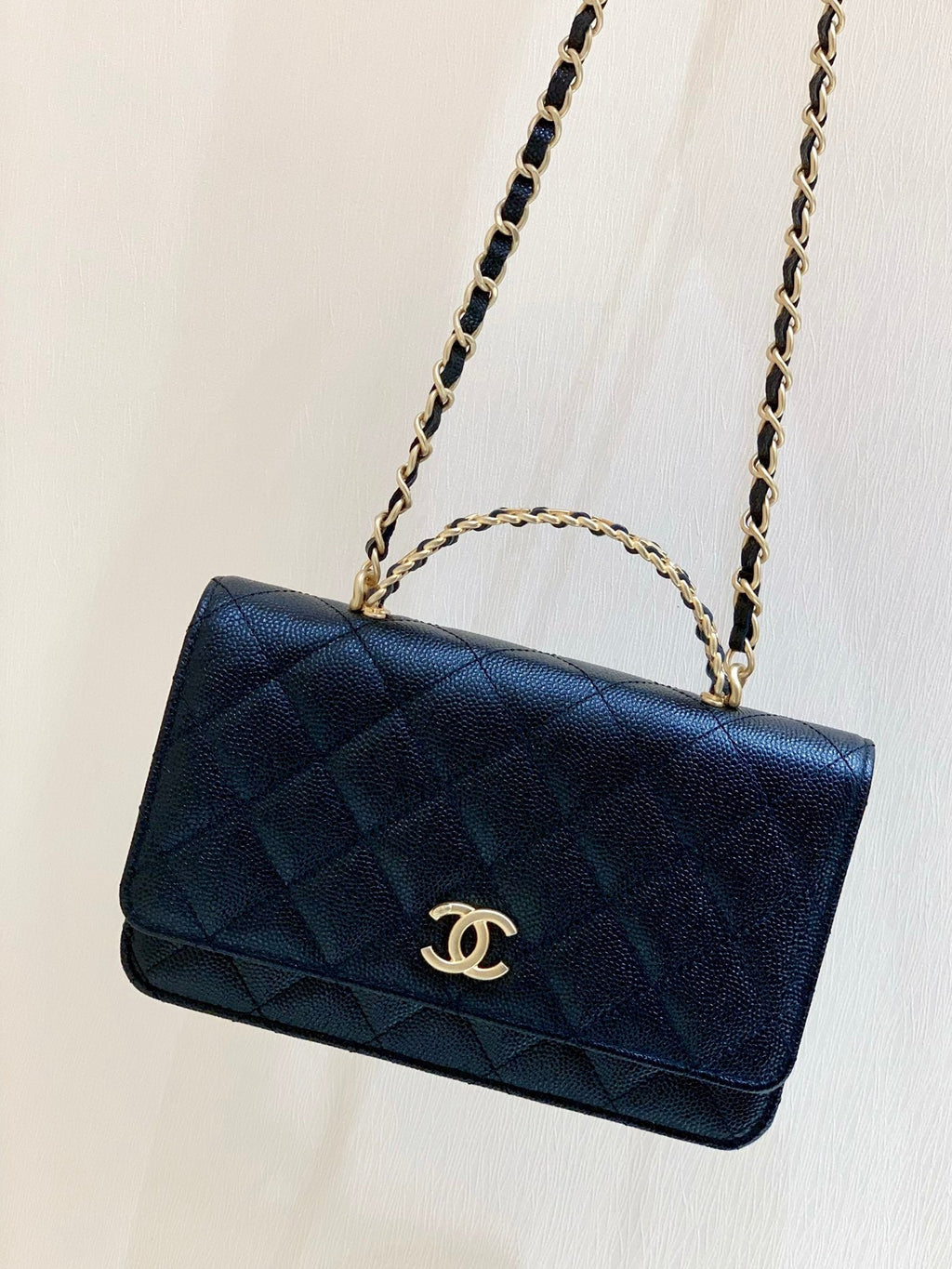 CHANEL 25S TOP HANDLE BAG 19 IN BLACK WALLET ON CHAIN LAMBSKIN