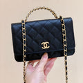 CHANEL 25S TOP HANDLE BAG 19 IN BLACK WALLET ON CHAIN LAMBSKIN