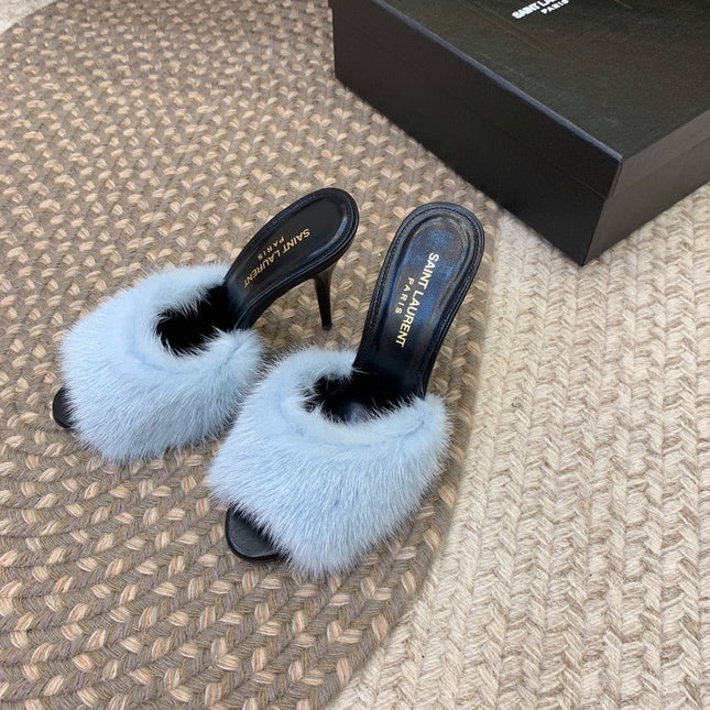 LA 16 HEELED MULES IN SKY BLUE RABBIT FUR AND SMOOTH LAMBSKIN