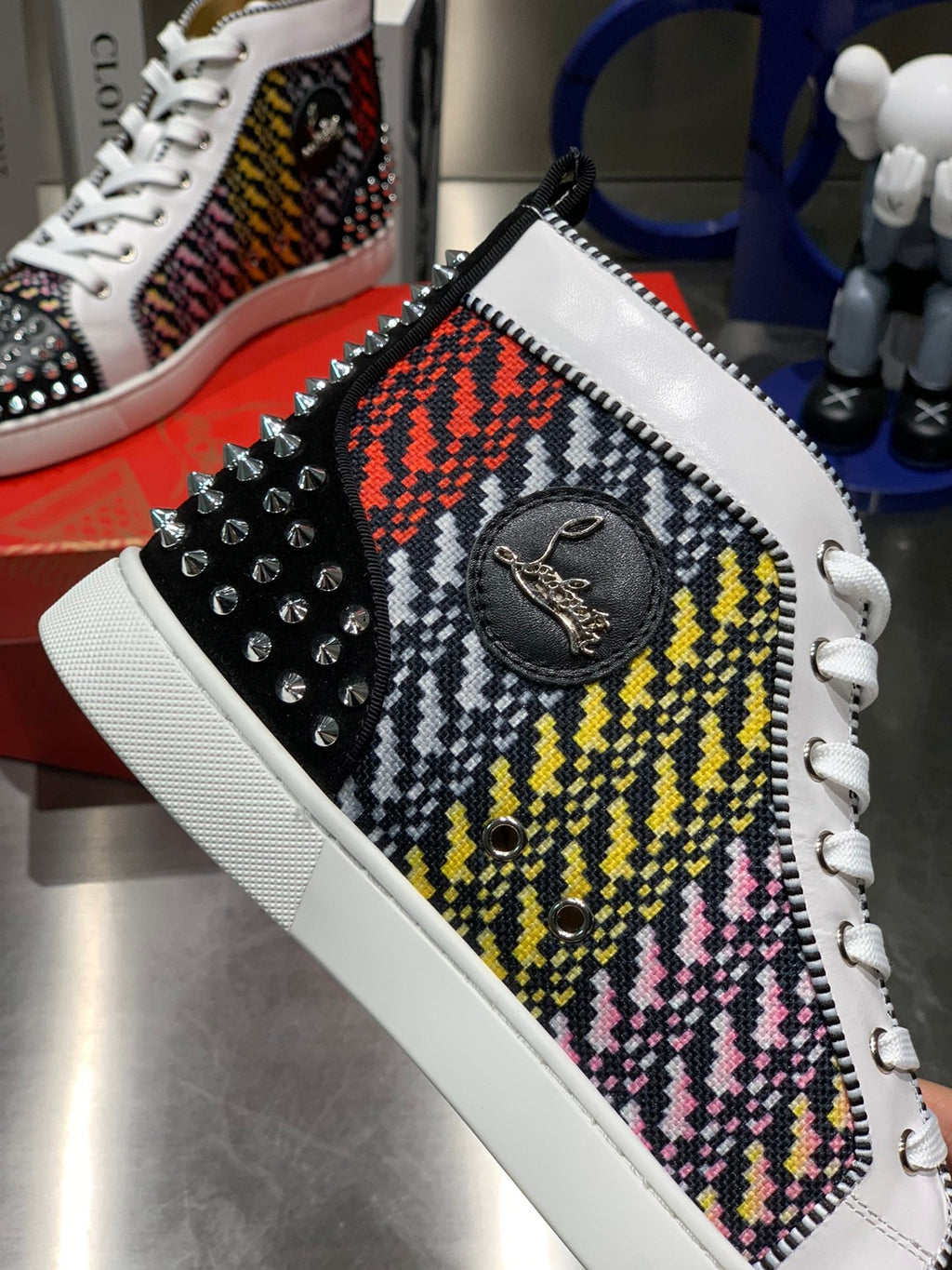 LOU SPIKES HIGH-TOP SNEAKERS IN MULTICOLOR WOVEN FABRIC MIX CALFSKIN