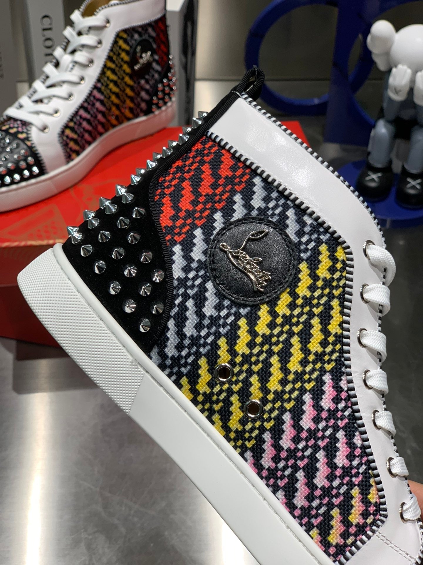 LOU SPIKES HIGH-TOP SNEAKERS IN MULTICOLOR WOVEN FABRIC MIX CALFSKIN