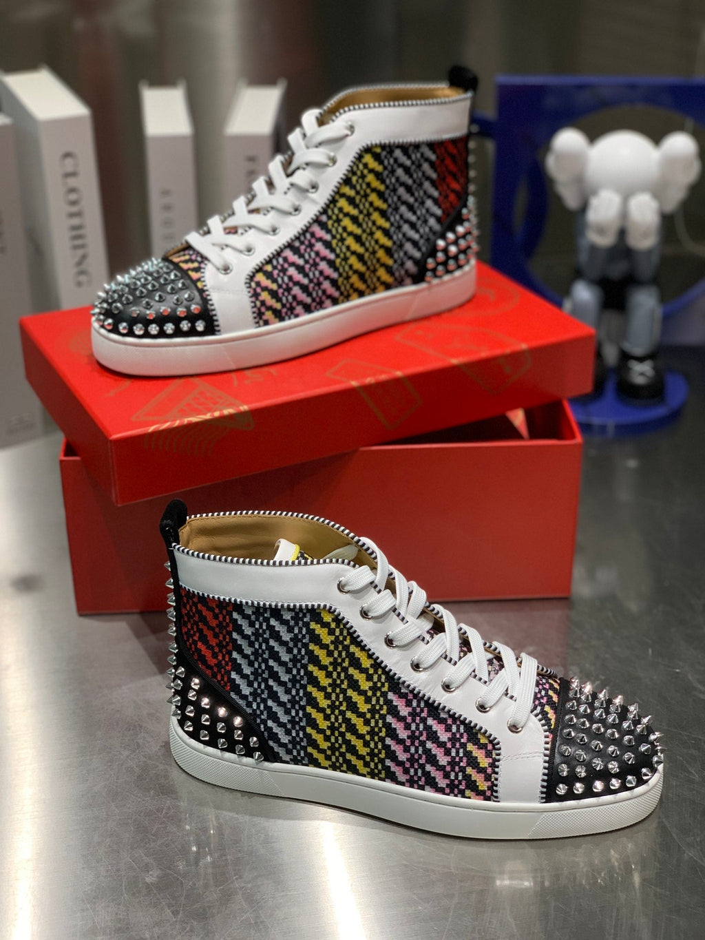 LOU SPIKES HIGH-TOP SNEAKERS IN MULTICOLOR WOVEN FABRIC MIX CALFSKIN