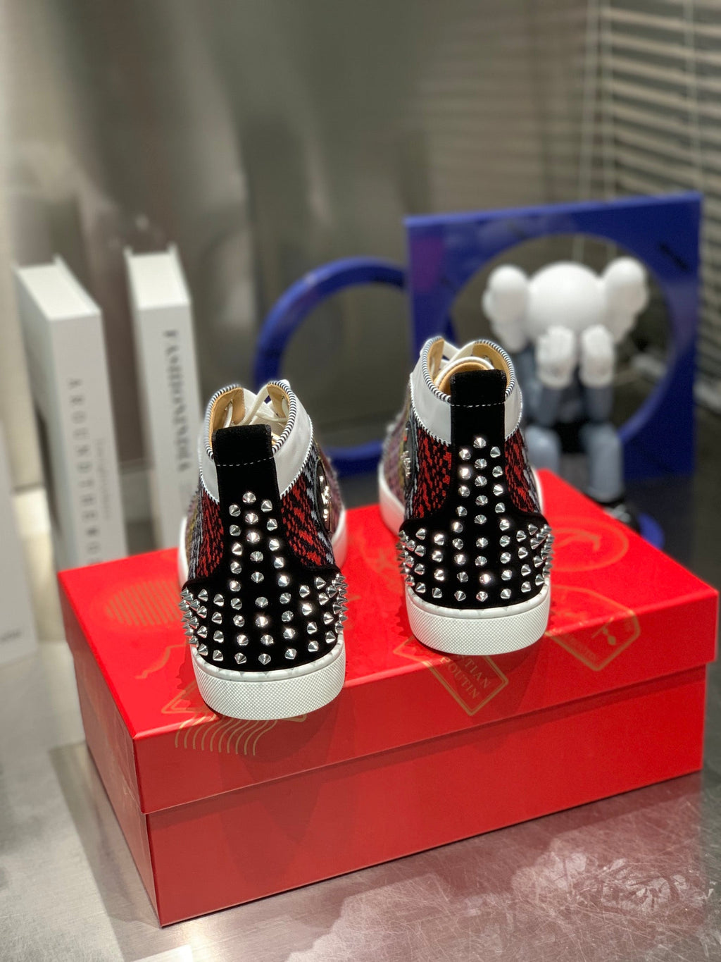 LOU SPIKES HIGH-TOP SNEAKERS IN MULTICOLOR WOVEN FABRIC MIX CALFSKIN