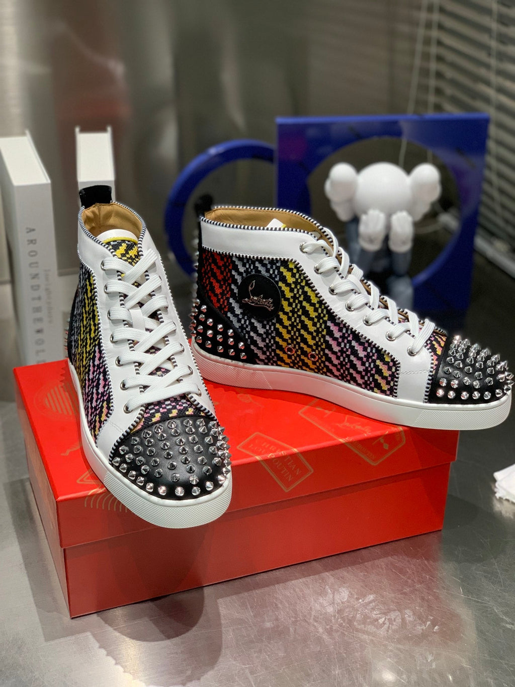 LOU SPIKES HIGH-TOP SNEAKERS IN MULTICOLOR WOVEN FABRIC MIX CALFSKIN