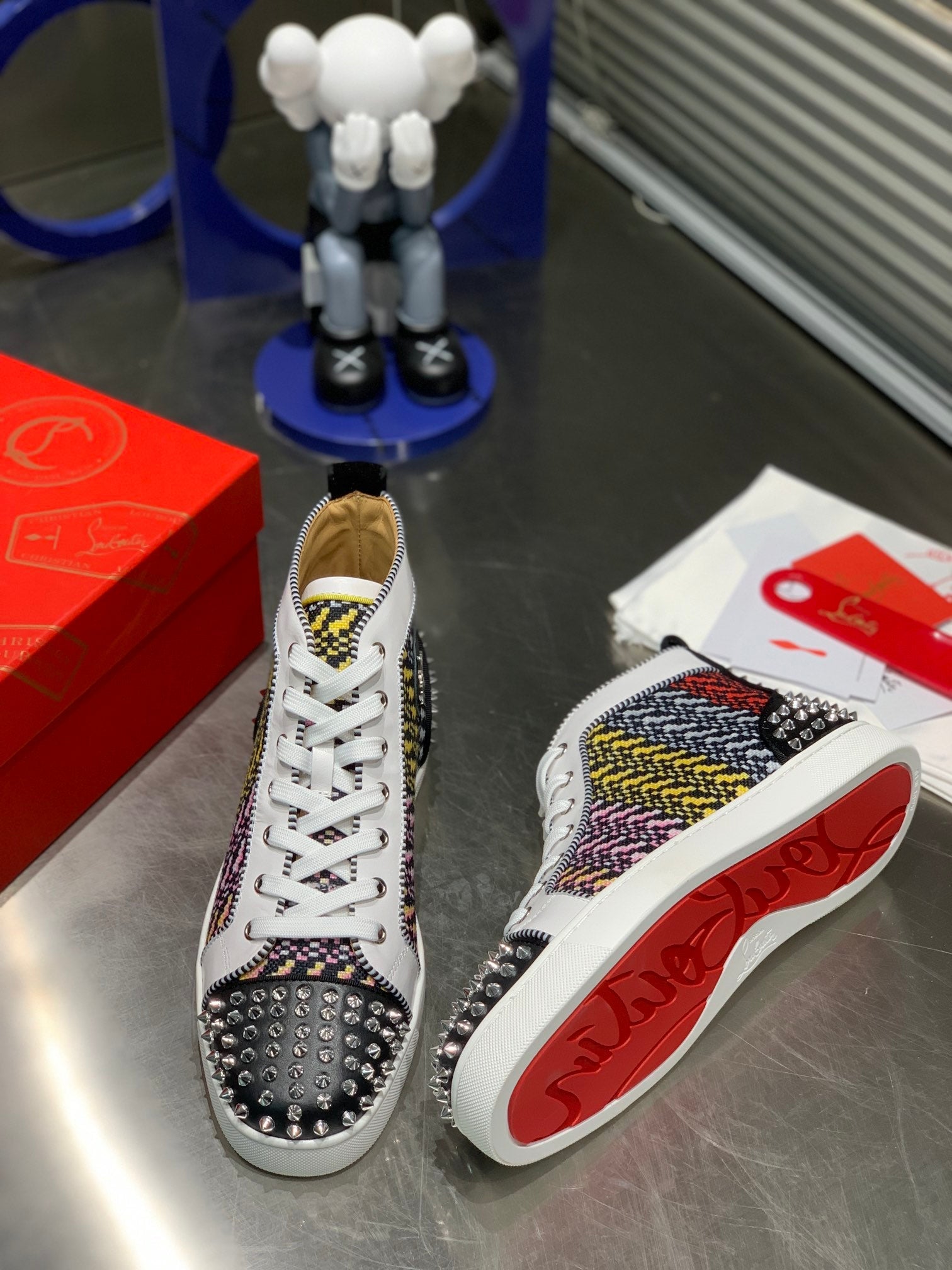 LOU SPIKES HIGH-TOP SNEAKERS IN MULTICOLOR WOVEN FABRIC MIX CALFSKIN