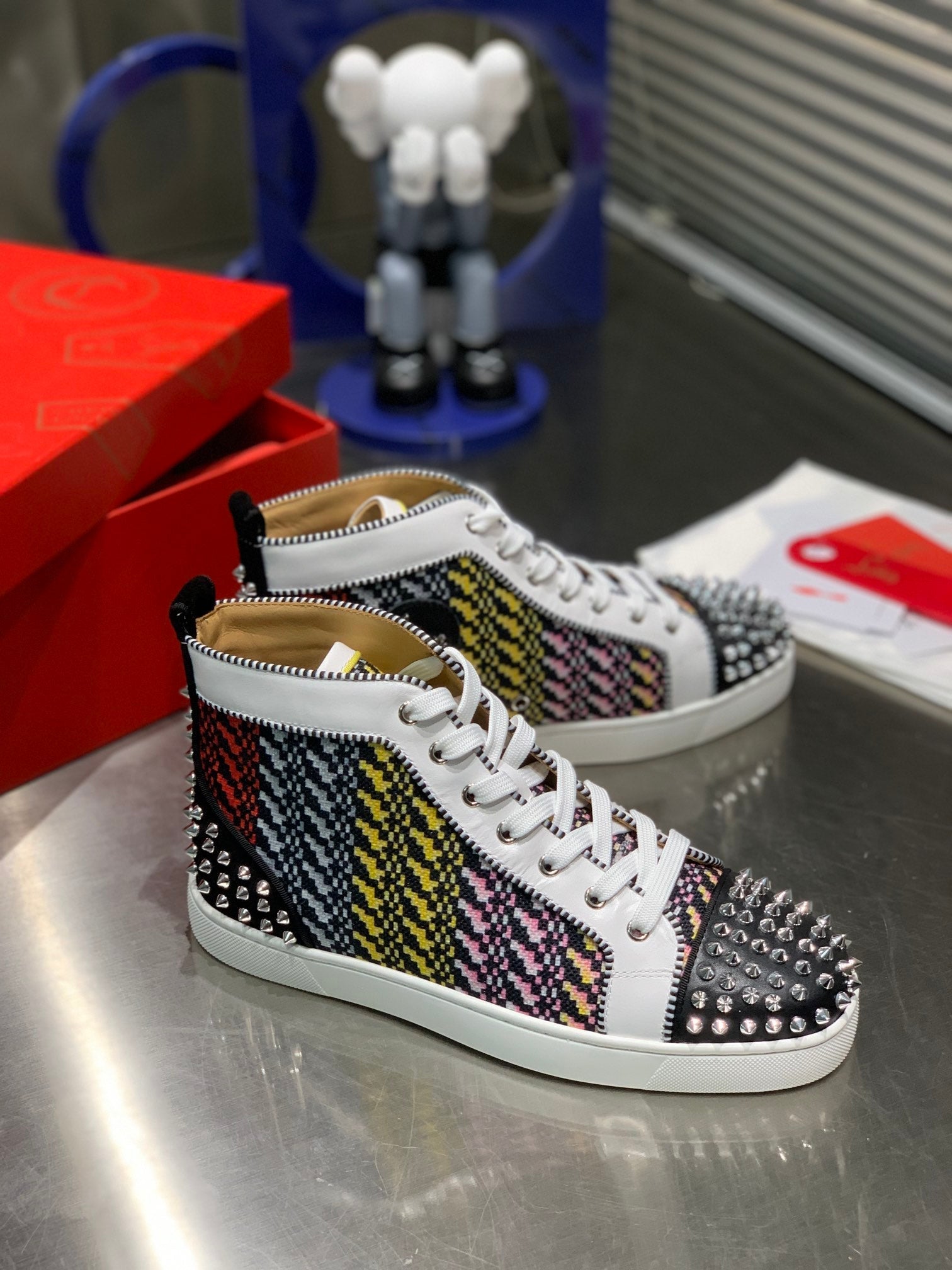 LOU SPIKES HIGH-TOP SNEAKERS IN MULTICOLOR WOVEN FABRIC MIX CALFSKIN