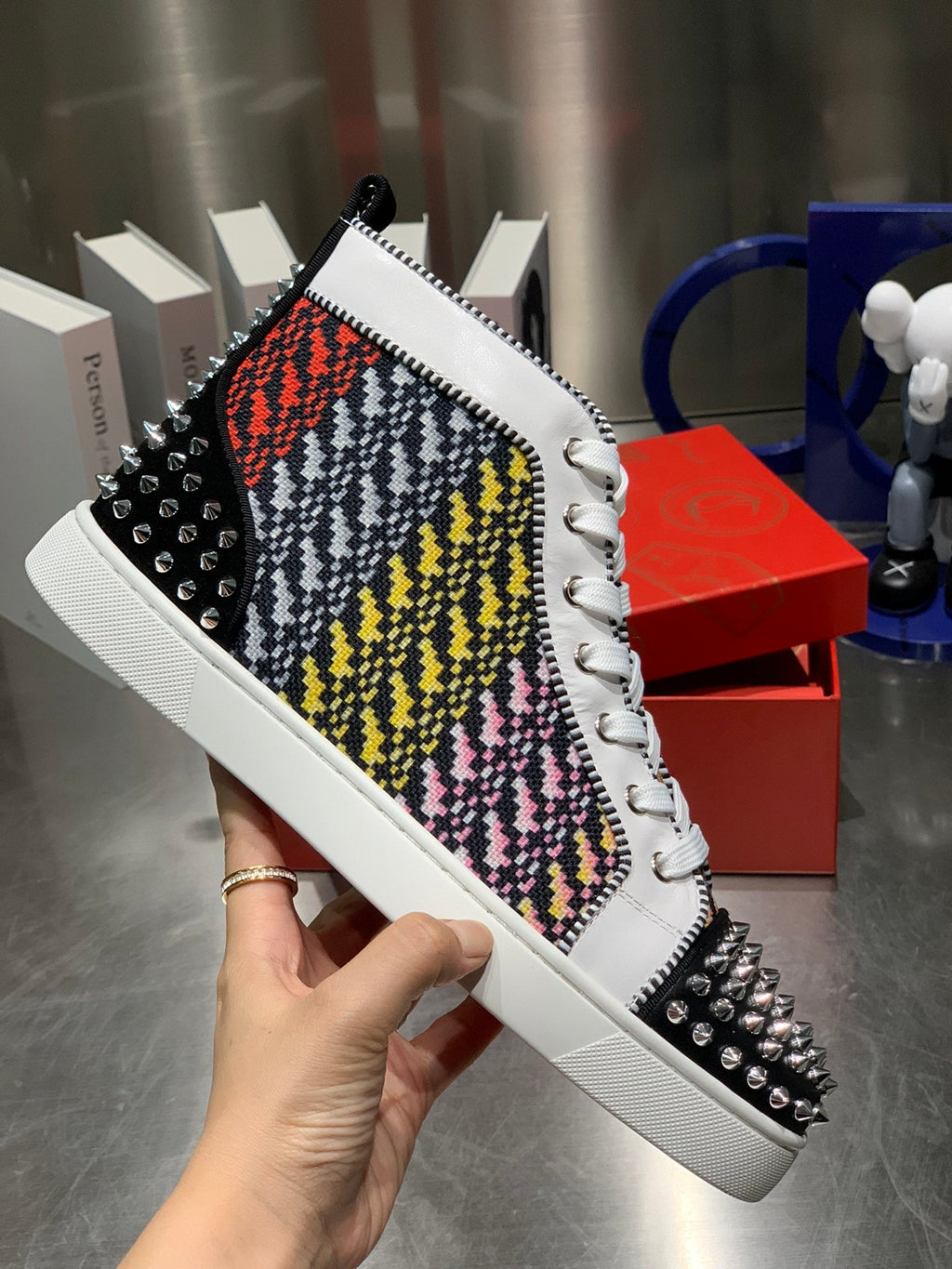 LOU SPIKES HIGH-TOP SNEAKERS IN MULTICOLOR WOVEN FABRIC MIX CALFSKIN