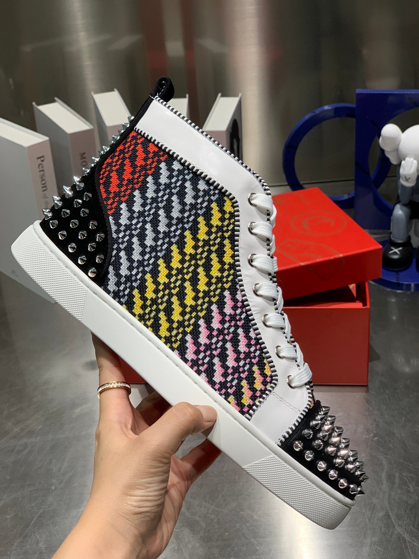 LOU SPIKES HIGH-TOP SNEAKERS IN MULTICOLOR WOVEN FABRIC MIX CALFSKIN
