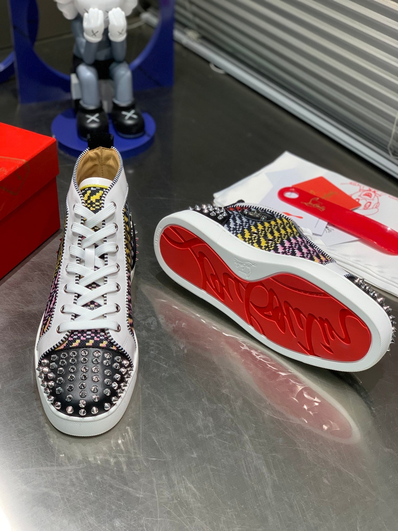 LOU SPIKES HIGH-TOP SNEAKERS IN MULTICOLOR WOVEN FABRIC MIX CALFSKIN