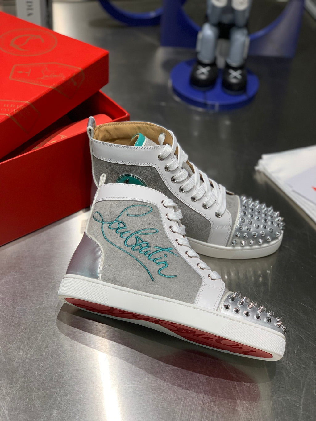 EMBROIDERED LOU SPIKES HIGH-TOP SNEAKERS IN GREY SUEDE MIX CALFSKIN